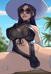 athletic biting_lip biting_own_lip blue_eyes bodysuit caitlyn_kiramman clothed cock dick flaccid futa_only futanari glasses hat large_breasts large_penis large_testicles large_thighs league_of_legends legs legs_spread lip_biting lipbite long_hair nipples penis penis_under_clothes pool_party_series thick_thighs thigh_highs thighhighs thighs white_skin xinaelle