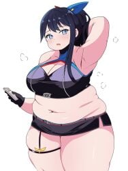 arm_behind_head armpits black_gloves black_hair blue_eyes breasts cellphone cleavage fat female gloves gridman_universe hair_ornament highres large_breasts navel obese official_alternate_costume open_mouth phone ponytail skindentation smartphone solo ssss.gridman standing takarada_rikka thick_thighs thigh_strap thighs usagirin