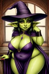 ai_generated bbw big_breasts chubby chubby_belly chubby_female dark_green_hair goblin goblin_ears goblin_female green_skin heavy_breasts high_slit huge_breasts large_breasts looking_at_viewer massive_breasts nightgown purple_hat purple_robe rimwalker sagging_breasts seductive seductive_look wide_brim_hat witch witch_hat