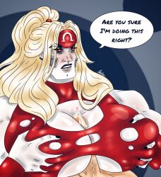 big_pecs blonde_hair boobjob cum cum_on_breasts huge_breasts lavalewdz long_hair marvel omega_red paizuri red_clothing red_eyes white_skin x-force x-men