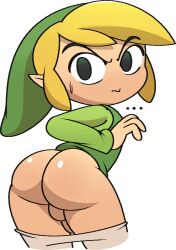 ass balls bodily_fluids bottomwear bottomwear_down clothed clothing ellipsis genitals humanoid humanoid_pointy_ears hylian light_body light_skin link looking_at_viewer looking_back looking_back_at_viewer male male_only nervous_sweat nintendo pants pants_down partially_clothed penis simple_background solo surprised_expression sweat the_legend_of_zelda toon_link toony vilepluff wind_waker young