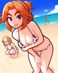 3girls beach beach_background belly_rolls black_bikini blonde_female blonde_hair blue_bikini breast_envy breasts breath_of_the_wild cow_print cow_print_bikini crouching crouching_female eyebrows eyebrows_visible_through_hair female female_only grey_skin hair_bun hairclip hylian hylian_ears jealous jealous_female knees_together_feet_apart large_breasts leaning_forward light-skinned_female light_skin malon midna multiple_girls nintendo ocarina_of_time pointy_ears pout pouting princess_zelda red_hair removing_clothing short_hair stripping tears_of_the_kingdom the_legend_of_zelda topless topless_female tsuvida twili twili_midna twilight_princess zelda_(tears_of_the_kingdom)