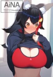 1girls ai_generated ainansfw animal_ears black_hair black_hoodie blush breasts cleavage closed_mouth embarrassed hololive hololive_japan hoodie large_breasts long_hair looking_away ookami_mio shirt_lift solo sports_bra upper_body virtual_youtuber vtuber watermark wolf_ears yellow_eyes