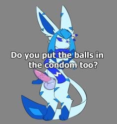 animal_genitalia animal_penis balls_in_condom bargglesnatch-x1 bipedal_feral blue_sclera blush caption chest_tuft condom eeveelution elemental_creature embarrassed erection feathers felid feline feline_genitalia feline_penis femboy furry generation_4_pokemon genitals girly glaceon hi_res looking_away male male_only mammal meme nintendo penis pokemon pokemon_(species) pupils scarf semi-anthro sexual_barrier_device shiny_pokemon solo starei_(starei) striped_body stripes text tuft wearing_condom white_pupils