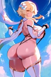 1girls ai_generated bare_shoulders barely_clothed big_ass bikini blonde_hair blue_sky cloud cowboy_shot curvaceous curvy day from_behind genshin_impact hair_flower looking_at_viewer looking_back lumine_(genshin_impact) outdoors print_tax5 revealing_clothes solo standing thiccwithaq_(ai_style) thigh_boots three-quarter_view twisted_neck voluptuous white_boots white_thigh_boots yellow_eyes yellow_hair