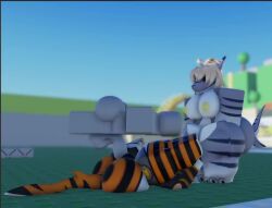 1boy 2girls 3d animated animation areolae ass balls big_ass big_breasts big_penis black_stripes breasts dummy_(roblox) funny grey_body helicopter_position helicoptering meme music nerd_facility on_back orange_body penis roblox robloxian sound striped_body stripes tagme tail thick_thighs thighs tiger tiger_shark video