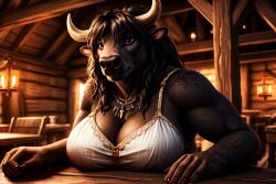 ai_generated anthro big_breasts black_body bovid bovine breasts clothing director_homer_26 female hi_res mammal muscular muscular_anthro muscular_female solo solo_focus tauren tavern