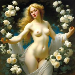 ai_generated belly blonde_hair blue_eyes breasts curly_hair curvy female flower flowers lips long_hair medium_breasts navel nipples nude presenting realistic rose_(flower) smile solo white_rose william_bouguereau