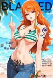 1girls ai_generated bare_arms bare_shoulders big_breasts blacked bra clothed clothing color english_text female female_focus female_only geo-san hi_res large_breasts light-skinned_female light_skin long_hair looking_at_viewer middle_finger nami nami_(one_piece) one_piece orange_eyes orange_hair post-timeskip queen_of_spades shounen_jump solo solo_female tagme tattoos text thick_thighs