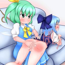 2girls angry animated animated anus ass blush cirno couch daiyousei fairy heppokonin multiple_girls pussy red_ass shiny_skin spanked spanking tears touhou uncensored