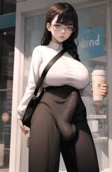 1futa ai_generated big_balls big_breasts big_penis cafe clothed clothing erection erection_under_clothes erection_under_pants futanari indifferent looking_at_another solo solo_futa