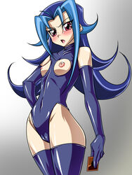 areolae bare_shoulders blue_hair blush breasts covered_navel erect_nipples female gloves hajime_shindo kamishiro_rio latex leotard long_hair looking_at_viewer nipples no_bra partially_visible_vulva red_eyes rio_kamishiro shiny_skin shonen_jump shounen_jump shueisha small_breasts solo standing yu-gi-oh! yu-gi-oh!_zexal yuu-gi-ou yuu-gi-ou_zexal