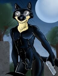 animal_genitalia anthro athletic athletic_anthro athletic_male balls black_balls black_body black_fur black_sheath black_tail blue_eyes cemetery cheek_tuft countershade_neck countershading evil_face evil_grin evil_look eyewear eyewear_only facial_tuft fangs flaccid fully_sheathed fur genitals glasses glasses_only grass grave gulonine gun hi_res holding_gun holding_object holding_ranged_weapon holding_weapon illegaleel inner_ear_fluff jack_salem long_tail looking_at_viewer male male_only mammal marten moon multicolored_body multicolored_fur murderer mustelid musteline night nude outside penis plant ranged_weapon sable_(marten) sharp_teeth sheath smile solo standing tail teeth tombstone tree tuft two_tone_body two_tone_fur weapon wearing_glasses whiskers white_body white_fur