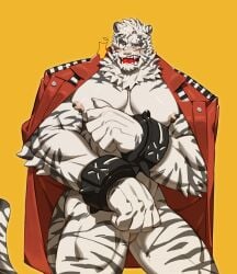 1boy abs absurdres animal_ears arknights bara blue_eyes blush claws commentary covering_body cross_scar fangs furry furry_male half-closed_eye highres male_focus mountain_(arknights) muscular muscular_male nipple_piercing no_pants no_shirt open_mouth pectorals piercing prison_clothes scar scar_across_eye scar_on_cheek scar_on_face surprised sweatdrop symbol-only_commentary tail tiger_boy tiger_ears tiger_stripes tiger_tail uza_(hellme) wide-eyed wrist_cuffs yellow_background