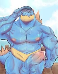 animal_humanoid anthro ass balls beret big_balls big_penis blue_body bodily_fluids breasts bulge clothing crocodile crocodilian crocodylid cum erection feraligatr game_freak generation_2_pokemon genital_fluids genitals hat headgear headwear hi_res huge_balls huge_cock humanoid kumasaturn2 male muscular muscular_anthro muscular_male nintendo nipples nude overweight penis pokemon pokemon_(species) precum reptile sailor scalie scalie_humanoid sea simple_background sky solo sweat tail vein veiny_penis water wet wet_body