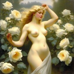 ai_generated belly blonde_hair blue_eyes breasts curly_hair curvy female flower flowers lips long_hair medium_breasts navel nipples nude presenting realistic rose_(flower) smile solo white_rose william_bouguereau