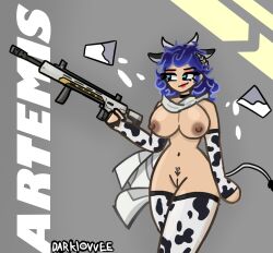 arm_warmers armwear artemis artemis_(fortnite) big_breasts blue_eyes breasts choker cow_ears cow_girl cow_horns darklovvee epic_games female female_focus female_only fortnite fortnite:_battle_royale functionally_nude functionally_nude_female gun looking_away milk milk_bottle nude nude_female purple_hair pussy rifle smile tattoo text thigh_highs thighhighs weapon