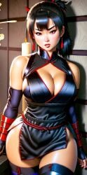 ai_generated asian big_breasts black_hair cleavage curvy deep_cleavage earrings female_focus female_only high_slit_dress hotaru_(dainty) huge_breasts japanese japanese_house kunoichi large_breasts long_hair looking_at_viewer ninja panties panty_peek ponytail red_eyes seductive seductive_look seductive_smile short_skirt smile sole_female solo solo_female solo_focus stable_diffusion teasing thick_thighs thighhighs tight_clothing