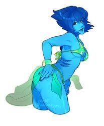 areola_slip ass bangs beauty_mark bent_over big_ass bikini blue_hair blue_skin bracelet breasts female female_only gem_(species) lapis_lazuli_(steven_universe) medium_breasts mole nipple_bulge orangekissess profile see-through short_hair smile solo steven_universe white_background