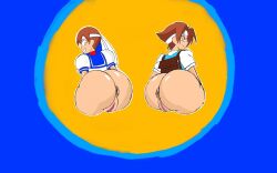 2girls artist_request ass backpack bandana big_ass bottom_heavy bottomless brown_hair from_behind hinata_wakaba kingsora8438770 looking_back multiple_girls no_panties pussy rival_schools sailor_uniform sakura_kasugano school_uniform schoolgirl smile street_fighter thick_ass