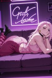 1girl ai_generated ass bracelet breasts chin_rest choker couch earrings hi_res high_quality high_resolution jewelry kiraamane large_breasts legs_up long_hair looking_at_viewer lying on_stomach pants patreon pink_hair pink_pants purple_eyes seductive sexy smile solo uncensored watermark