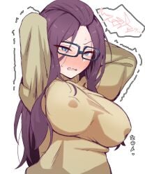 arms_behind_head arms_up bangs_pinned_back blue-framed_eyewear blue_eyes blush breasts covered_nipples female glasses heart kagamihara_sakura large_breasts long_hair long_sleeves open_mouth purple_hair shiawase_hougan simple_background solo spoken_squiggle squiggle sweat sweater trembling upper_body white_background yellow_sweater yurucamp