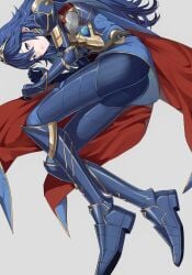 1girls alternate_costume ameno_(a_meno0) armor armored_boots ass ass_focus belt big_ass blue_cape blue_eyes blue_footwear blue_gloves blue_hair boots brand_of_the_exalt breastplate brown_belt cape female female_only fire_emblem fire_emblem_awakening fire_emblem_heroes gauntlets gloves gold_trim hair_between_eyes long_hair looking_at_viewer lucina_(fire_emblem) lucina_(glorious_archer)_(fire_emblem) lying lying_on_ground nintendo official_alternate_costume on_side parted_lips pauldrons red_cape shoulder_armor solo symbol_in_eye tiara two-tone_cape