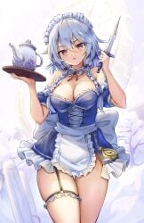 adapted_costume blue_dress blush breasts cleavage cowboy_shot detached_collar dress female fii_fii_(feefeeowo) frilled_dress frills grey_hair highres holding holding_knife holding_tray izayoi_sakuya knife large_breasts maid maid_headdress parted_lips purple_eyes sakuya_izayoi short_hair solo thighs touhou tray twintails