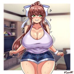 1girls artist_name big_breasts blush breasts brown_hair cleavage clothed_female doki_doki_literature_club green_eyes grin light-skinned_female monika_(doki_doki_literature_club) motion_lines ponytail purple_shirt seireiart shorts solo solo_female sweat sweaty_body teeth thick_thighs watermark