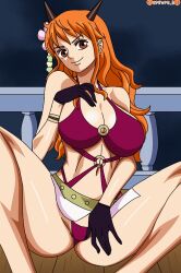 1girls beast_pirates_(cosplay) big_breasts bikini darkuro_27 female female_only flower_in_hair gloves horns long_hair nami one_piece orange_hair post-timeskip solo_female