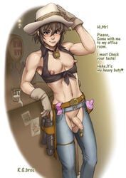 1boy 1femboy androgynous ball balls big_nipples blush brown_eyes brown_hair chaps condom condom_belt condom_packet_strip cowboy cowboy_hat cowboy_position cowboy_shot cream crotchless cum_drinking cut_clothes dildo dildo_under_panties erect_nipples femboy feminine feminine_male flaccid foreskin gay gay_male girly gloves huge_nipple jeans k.g.bros kakugari_kyoudai licking_lips looking_at_viewer male male_only niku_ringo nikuringo nipples open_clothes open_clothing open_pants penis penis_piercing piercing solo testicle testicles toned toned_male tongue_licking trap weapon yaoi yuuki_rin