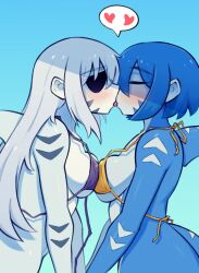 2024 2girls anthro bikini blue_hair blush bottomless breast_press breasts carpinchor closed_eyes eye_patch kissing long_hair marine mora_(carpinchor) naomi_(carpinchor) original purple_bikini shark_humanoid short_hair sideboob standing symmetrical_docking tagme tongue tongue_kiss white_hair yellow_bikini yuri