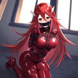 ai_generated bondage chains cordelia_(fire_emblem) fire_emblem fire_emblem_awakening gag highheels latex latex_suit novelai red_eyes red_hair straps