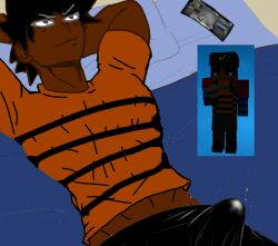 annoyed bed black_hair buff chilling copnrobber copnrobber_character laying_down laying_on_bed male orange_shirt peacemaker_(cnr) playing_videogame precum shirt stripes strong