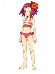 ai_generated barefoot bikini cleavage flat_chest flat_chested flower_in_hair halterneck hibiki_misora looking_at_viewer magenta_hair mega_man mega_man_star_force ryuusei_no_rockman short_hair small_breasts sonia_strumm teenage_girl teenager winking winking_at_viewer