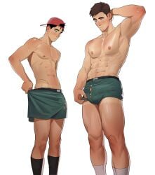 2boys balls bara big_bulge blush bulge bulge_through_clothing erection_under_clothes huge_bulge male male/male male_focus male_nipples male_only muscular_male naoki_(xhju8282) nipples penis penis_outline size_difference solo_male underwear