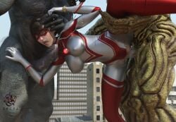 1girls 2boys 3d alien alien_girl alien_humanoid breasts building building_destruction building_sex city cum excessive_cum female female_penetrated heroine human losing losing_fight rape tight_clothing ultraman_(franchise) ultrawoman ultrawoman_katia