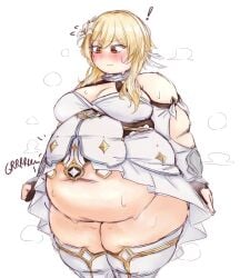 amber_eyes bbw belly_bulge belly_overhang blonde_female blonde_hair blonde_hair_female blush bottomless bottomless_female chubby chubby_belly chubby_female chubby_legs closed_legs exhausted fat feather_hair_ornament feather_in_hair female female_focus female_only fingerless_gloves flowers_in_hair genshin_impact gloved_thumbs hair_accessory hair_bangs hair_flaps hair_ornament large_breasts lumine_(genshin_impact) mihoyo obese obese_female orristerioso overweight overweight_female pout pouting short_hair solo_female steamy_body stomach_growling stomach_noises sweating sweaty_body thick_arms thick_hips thick_legs thick_thighs thigh_boots tight_clothing wardrobe_malfunction weight_gain white_background white_dress wrist_guards
