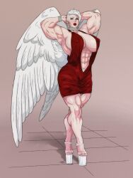 abs alexcherubic angel angel_wings armpits biceps blue_eyes breasts choker cleavage dress female female_only jewerly light-skinned_female light_skin lipstick makeup muscle muscles muscular muscular_female original original_character platform_footwear platform_heels pubic_hair short_hair white_hair wings