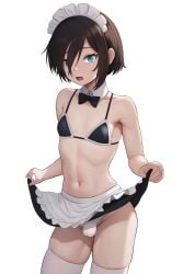 1boy absurdres alternate_costume apron bikini black_bow black_bowtie black_hair black_skirt blue_eyes boku_no_kokoro_no_yabai_yatsu bow bowtie collar covered_testicles crossdressing detached_collar djgh5738 enmaided femboy frilled_apron frills highres ichikawa_kyoutarou looking_at_viewer maid maid_apron maid_bikini maid_headdress male_focus male_maid male_only navel open_mouth short_hair simple_background skirt skirt_hold solo swimsuit the_best_roasted_chicken thighhighs traditional_bowtie unconventional_maid white_apron white_background white_collar white_thighhighs 數二數三的燒鴿