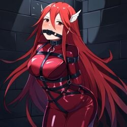 ai_generated ball_gag bondage cordelia_(fire_emblem) fire_emblem fire_emblem_awakening gag latex latex_suit novelai red_eyes red_hair straps