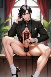 ai_generated big_penis black_hair clothed_male clothed_masturbation costume legs_held_open male_only masturbation muscular_legs muscular_male muscular_torso sex_toy short_hair sitting small_balls white_cock white_skin