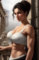 ai_generated athena athena_(greek_mythology) athletic_female black_hair brown_eyes goddess greece greek greek_mythology hair_bun medium_breasts muscles muscular_female mythology olympus outdoors silver_eyes slave virgin