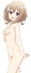 :d areolae blush breasts brown_hair bunny_hair_ornament female female from_side girlfriend_(kari) hair_ornament hair_tie kazemachi_haruka looking_at_viewer navel nipples nude open_mouth pubic_hair purple_eyes pussy short_hair signature simple_background smile solo vzmk2 white_background