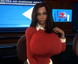 1girls 3d 3d_(artwork) alternate_breast_size alternate_hairstyle breasts_bigger_than_head clothed clothed_female dark-skinned_female female female_only female_solo gigantic_breasts hourglass_figure huge_breasts human human_female human_only long_hair looking_at_viewer news_report news_reporter newscaster resident_evil resident_evil_5 sheva_alomar slim_waist solo solo_female top_heavy vaako