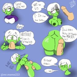 1boy 1girls big_penis big_penis_humiliation blowjob cheelai dialogue dragon_ball green_skin medium_breasts mr.meme222 penis penis_awe penis_shadow sex size_talk speech_bubble stomach_bulge surprised text too_big uncensored