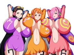 3girls arms_behind_head black_hair breasts female female_only germa_66 germa_66_(cosplay) huge_breasts k-trance koktter large_breasts looking_at_viewer nami navel nico_robin one_piece orange_hair pink_hair sweating vinsmoke_reiju