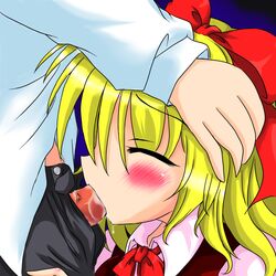 1boy blonde_hair bow closed_eyes cum facial fellatio female gengetsu hair_ribbon oral touhou touhou_(pc-98) tsunogiri