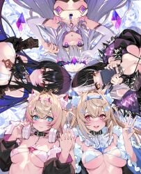 5girls female_only fuwamoco fuwawa_abyssgard hololive hololive_english hololive_english_-advent- in_bed koseki_bijou looking_at_viewer mococo_abyssgard multiple_girls nekomimi nerissa_ravencroft on_back shiori_novella sisters swimsuit virtual_youtuber waterring