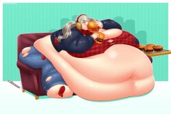 1girls 2024 ann_takamaki atlus bbw belly belly_overhang big_belly big_breasts blob breasts breasts_bigger_than_head cleavage eating educabezon fat fat_arms fat_female fat_fetish fat_thighs fat_woman feederism gigantic_belly gigantic_breasts hamburger highres immobile light-skinned_female morbidly_obese morbidly_obese_female obese obese_female overweight overweight_female persona persona_5 sitting sitting_on_couch ssbbw thighs ussbbw